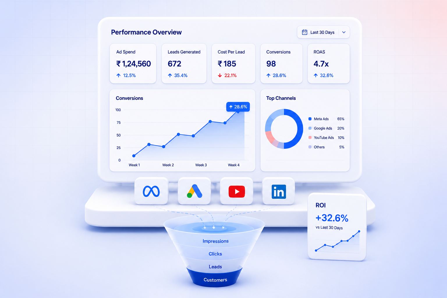 Performance marketing dashboard showing ad spend, leads, ROAS and conversions